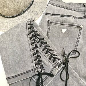 GUESS side lace up rustic grey stretchy boho jeans/denim w midcentury retro vibe